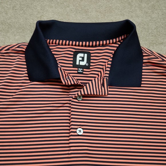 Footjoy FJ Golf Polo Shirt Mens Large Blue Peach Striped Performance Stretch - Picture 2 of 8
